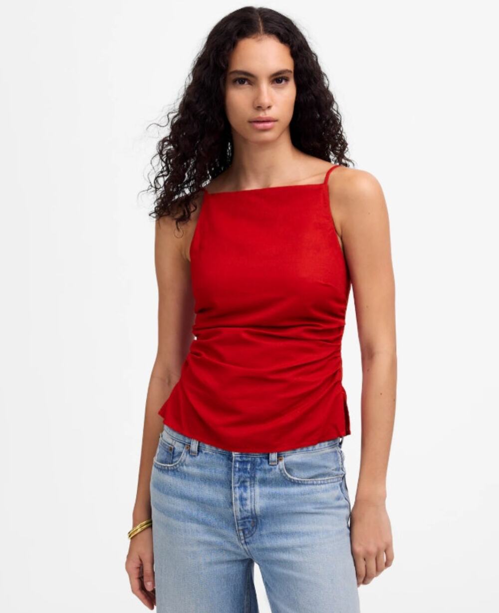 Madewell Ruched Squareneck Tank WMNS 2 Red Linen-Cotton Adjustable Strap Smocked